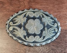Vintage FLORAL Belt Buckle WESTERN black ENGRAVED cowboy METAL flower