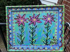 Mary Zeman Outsider Folk Artist Acrylic Flower Painting On Board  & Wood Frame