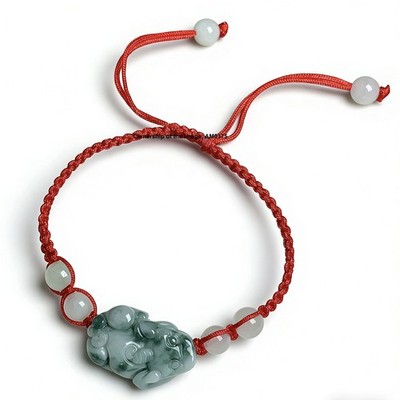 Natural Grade A Jadeite Pixiu Spottted Green Jade Bracelet Adjustable Bracelet