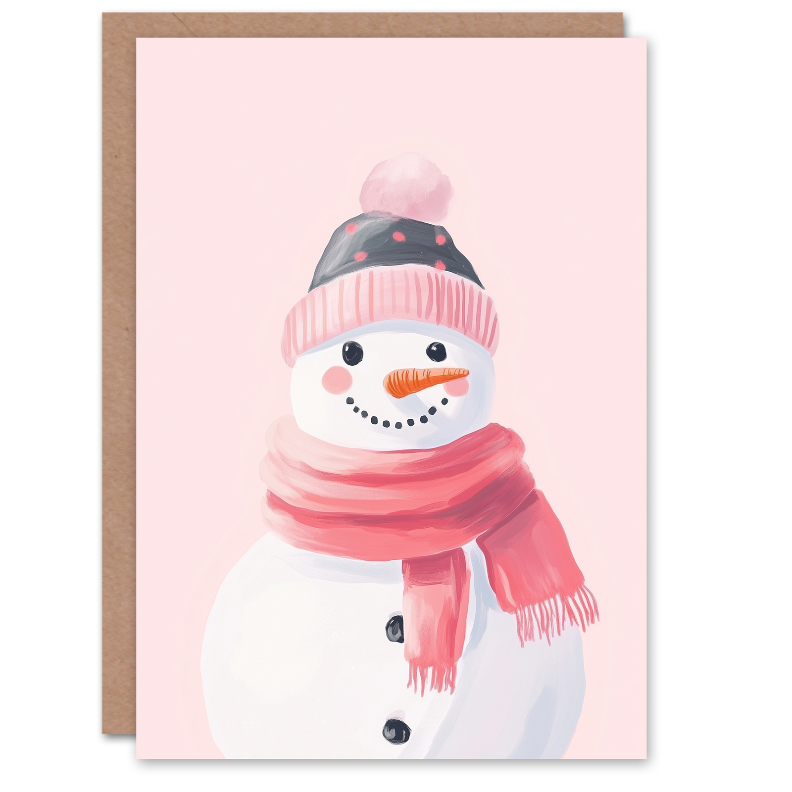Cute Cosy Snowman Pastel Pink Watercolour Festive Xmas Christmas Card