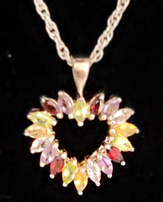 Ladies Sterling Silver 925 Heart Shaped Multi Jewel Pendant on a 22''SS 925 chain