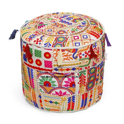 Indian Handmade Round Pouffe Cover - Vintage Cotton Patchwork Footstool Ottoman (18x18x14)