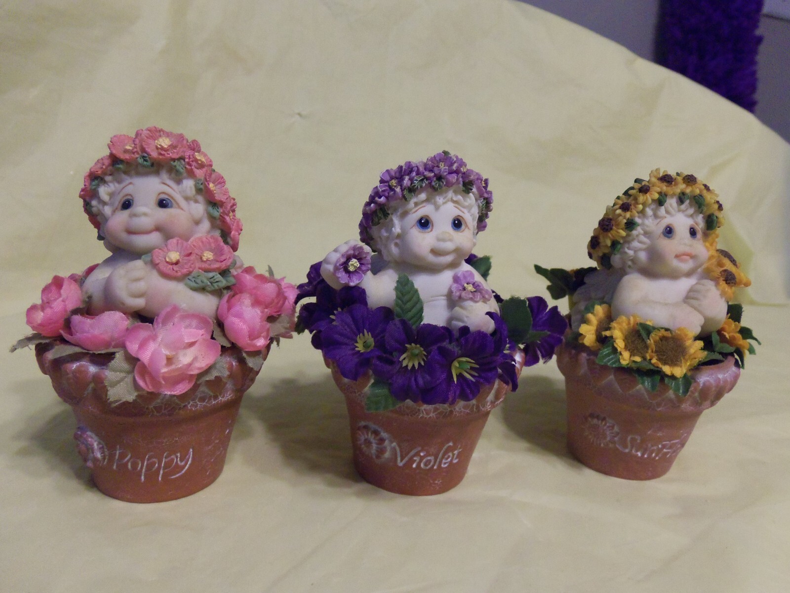 3 Cast Art Dreamsicles Figurines POPPY, SUNFLOWER, VIOLET In Clay Pot