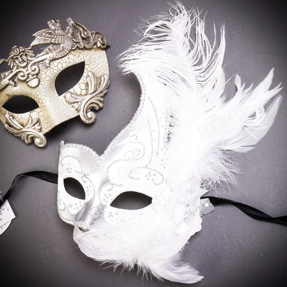 White Silver Prom Masquerade Masks Set Couple Men Women Matching Costume Masks - Image 3 of 3