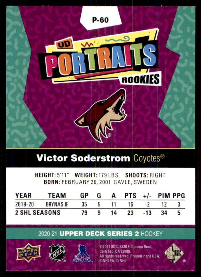 2020-21 Upper Deck UD Portraits Victor Soderstrom Arizona Coyotes #P-60 - Image 2 of 2