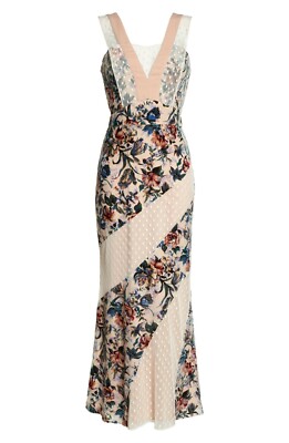 HARLYN Floral Jacquard Nude Ivory Polka Dot Lace Burnout Velvet Maxi Gown S 2/4