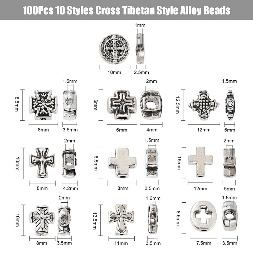 100 peças contas espaçadoras de crucifixo cruzado prata para fabricação de colares de pulseiras de joias - Imagem 2 de 4