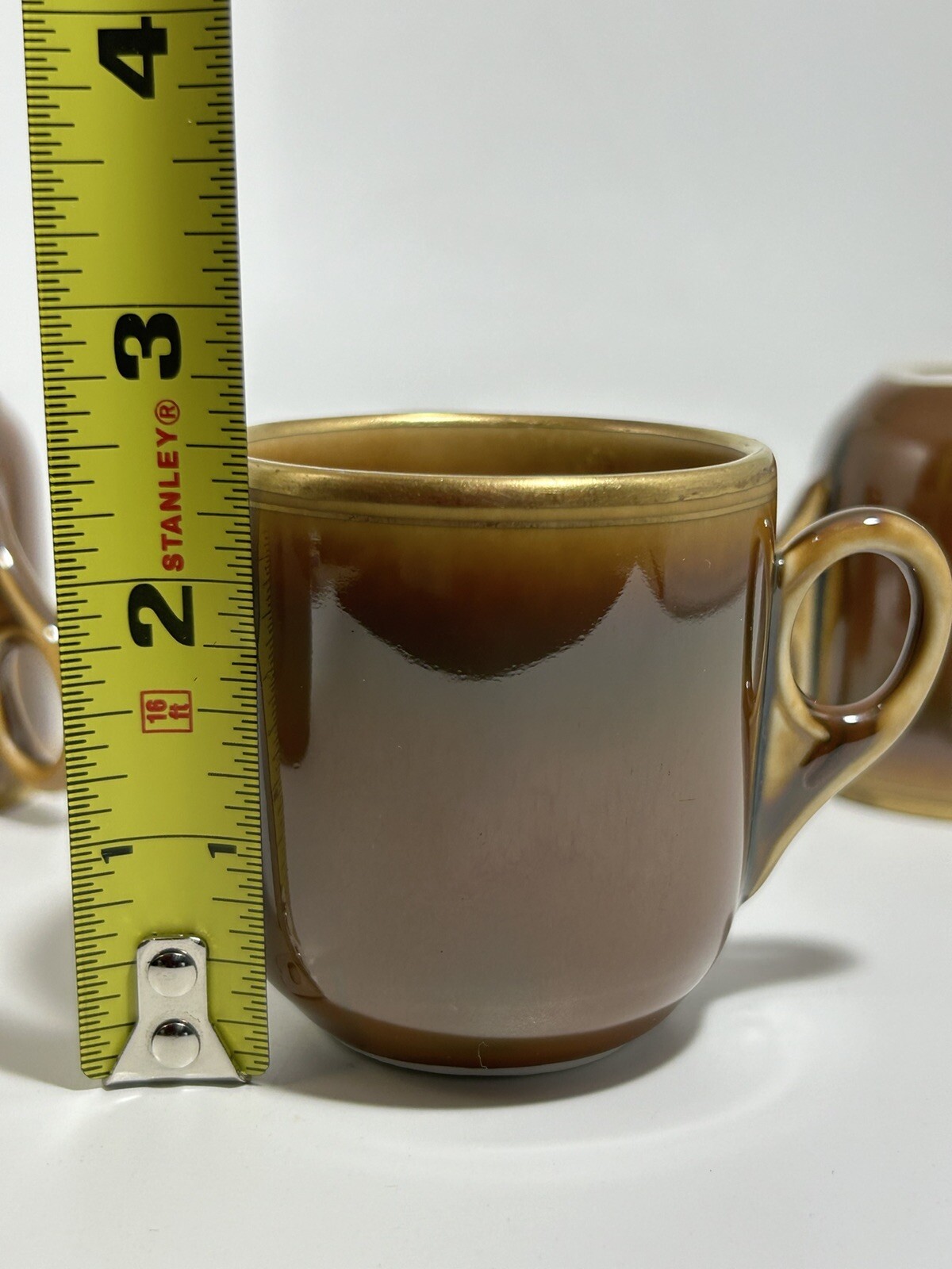 Vintage Fraunfelter China Set of 4 Espresso Cups Ohio Brown Luster Gold USA