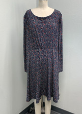 NWT Loft Plus Blue Floral Print Stretch Knit Dress Sz 24 Long Slv Below Knee