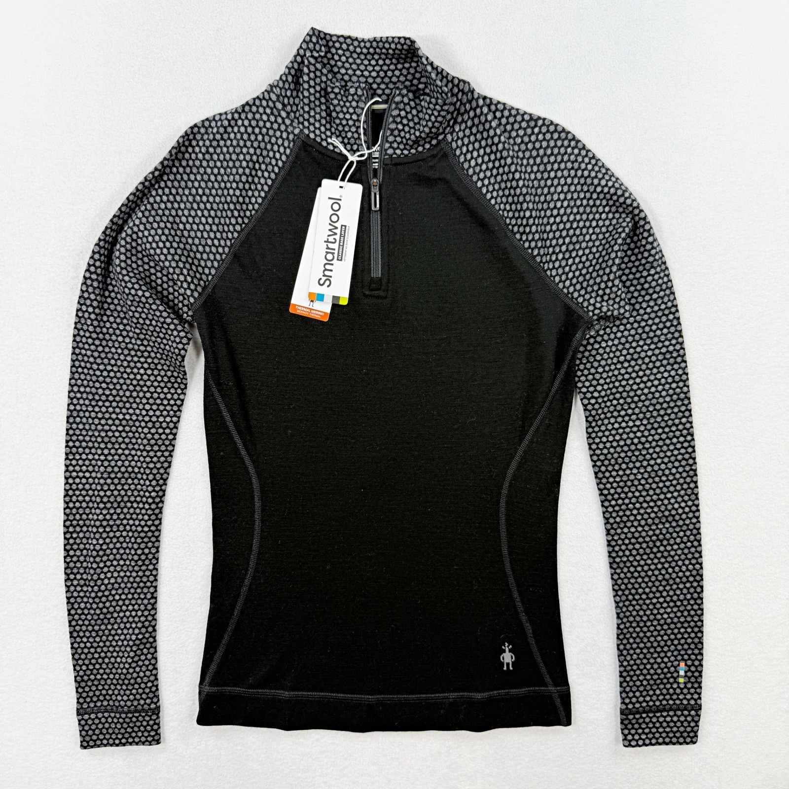 Smartwool Merino 250 Classic 1/4 Zip Baselayer Top Size XS Womens Black Dots NEW