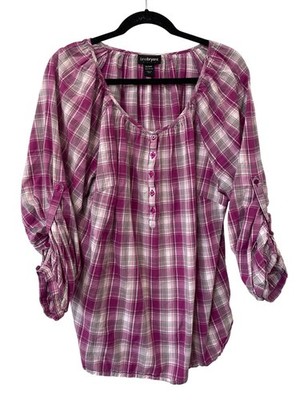 Lane Bryant Tunic Shirt Plus Size 22/24 Pink White Plaid Button Front Western