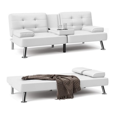 Futon Sofa Bed Convertible Folding Faux Leather Couch Sleeper 2 Cup Holders