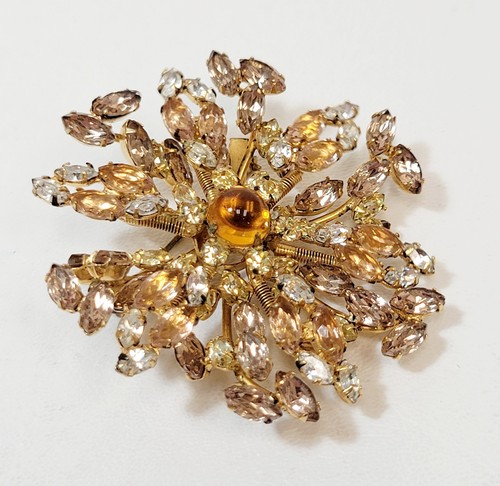 Vintage Schreiner Brooch Rare Flower Trembler Yellow Light Rose Clear Rhinestone - Picture 2 of 4