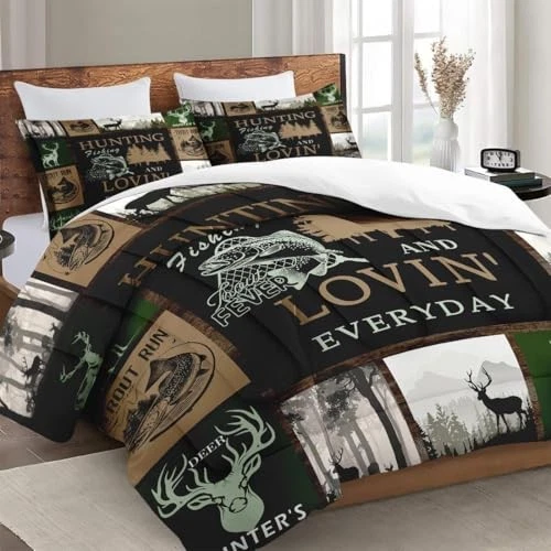 Size Comforter Set with 2 Pillowcases, Retro Mountains Gray King Hunting Deer - Image 3 of 4