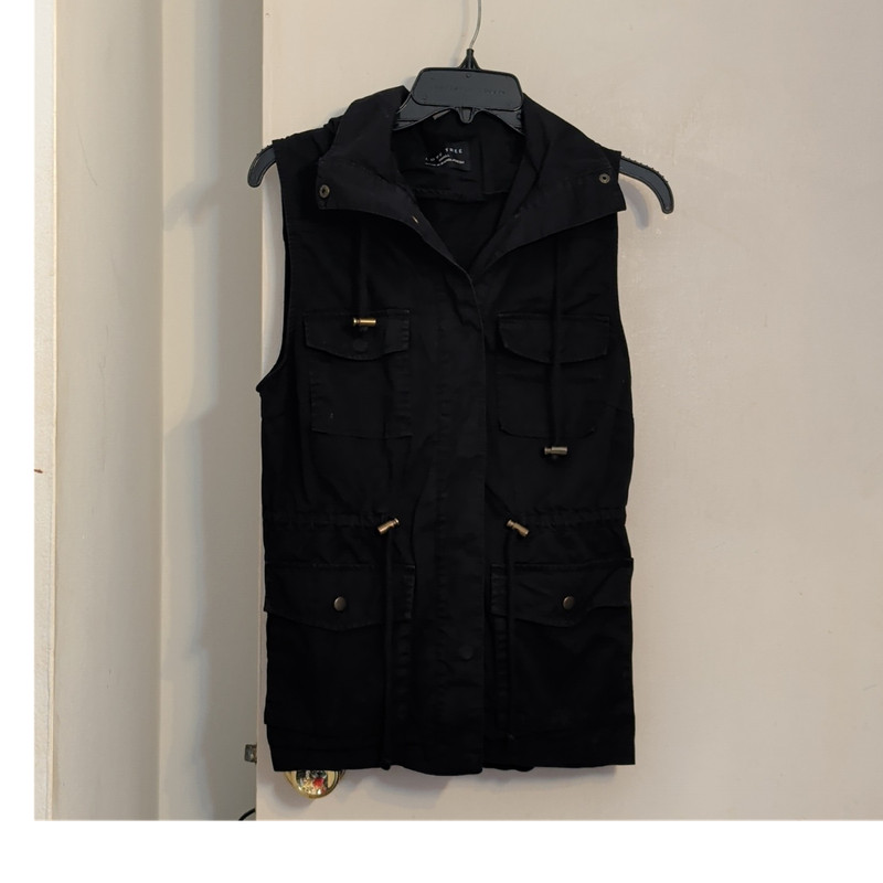 Love Tree Women's Hooded Utility Snap Vest Pockets Drawstring Waist Black S