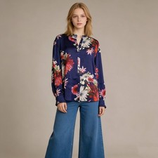 NWOT Johnny Was Aster Ruffled Navy Blue Floral Silk Long Sleeves Shirt Blouse L