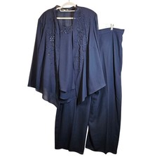 Three-Piece Navy Womens 24W Set Beaded Sequin Jacket Tank Wide-Leg Pants Formal