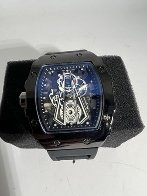 Men's 42mm Skeleton Tonneau Barrel Mille Homage Black Steel Watch New Fast Ship