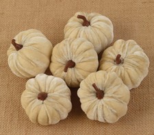 NEW - 6 pcs CREAM Velvet Covered PUMPKINS Fall Harvest Halloween 2" T x 2.5" W