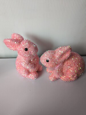 New Easter Bunny Pink Home Party Decor Set 2p Bunnies Sparkle Tinsel Cottontail 