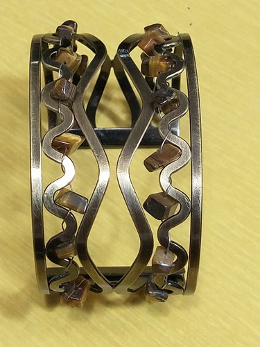 Vtg Brass Cuff Bracelet Geometric Wide Open Weave Tiger's Eye Gemstones Wired