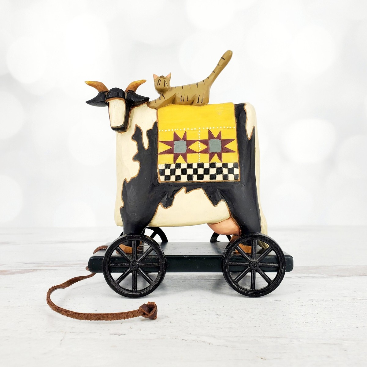 Williraye Studio Cat on Farmhouse Cow Pull Toy Figurine #WW1403