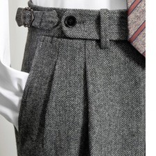 Naples Men High-waisted Slim Wool Trousers Handmade Tweed Pleated Straight Pants