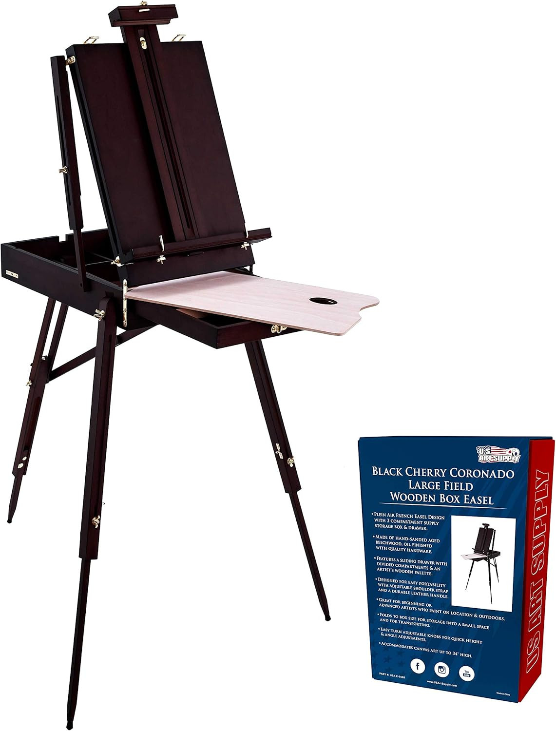 Coronado Black Cherry Easel, Large Adjustable Wooden French Style Field and Stud