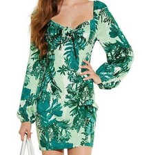 NWT $108 GUESS Junglescape Tie-Front Long-Sleeve Mini Dress Botanic Jungle Green