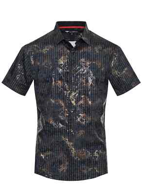 Homme Italien Mode Boutonné Manches Courtes Chemise Noir/Or VIP