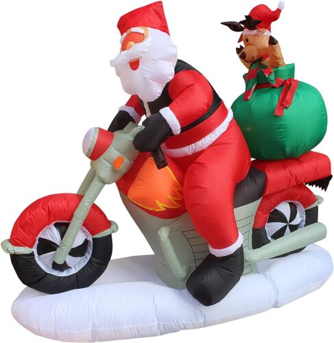 6' Long Lighted Christmas Inflatable Santa Claus & Reindeer on Motorcycle - Picture 1 of 4