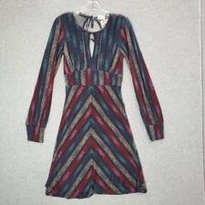 Free People Women Dress Black Chevron Mini Fit & Flare Long Sleeve Keyhole