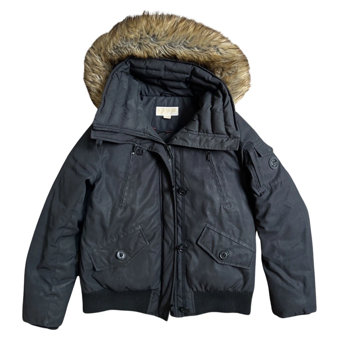 Michael Kors nero full zip pelliccia sintetica orlo cappuccio piumino giacca donna M