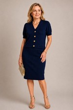 St.John Santana Knit 2Pc Suit Navy Blue Skirt Set Gold Button Small Top /8 Skirt