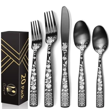 Modern Black Silverware Set, Floral 20-Piece Rose Flatware Set 18/0 Mirror Fi...