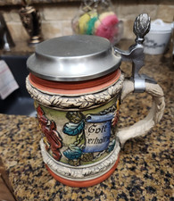 German-Style Lidded Beer Stein Breweriana w/ Pewter Lid “Gott erhalte”