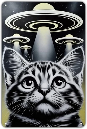 Tin Metal Signs Home Décor Abduction Alien Kitty Vintage SciFi Print Aesthetic f