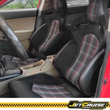 Universal Pair Reclinable Racing Seats Dual Slider Pucarbon Leather Red Plaid