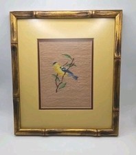 12x10in Needlepoint Bluebird On Branch Vintage Floral Cottagecore Bamboo Frame