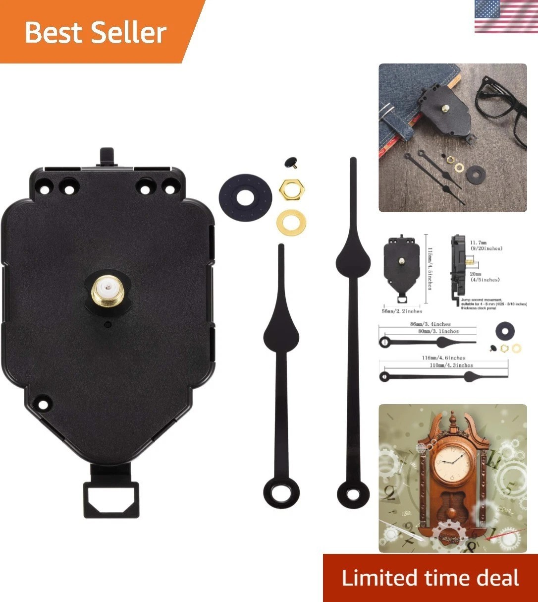 Elegant Black Quartz Pendulum Clock - Easy Wall Mount, 5” H, Battery Operated