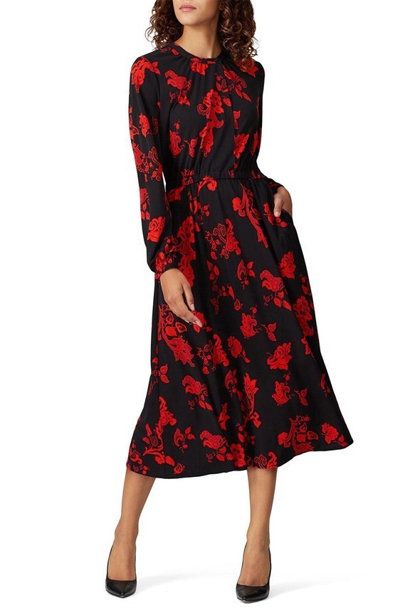 Tory Burch Paisley Bow Neck Long Sleeve Midi Dress Small