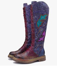 RIUTIRU Bota Vaquera Púrpura Piel de Oveja Denim Para Mujer Tacón Bloque Cremallera