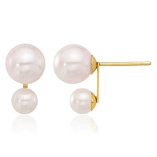 14K Solid Yellow Gold 4mm 6mm White Round Akoya Saltwater Cultured Pearl Stud...