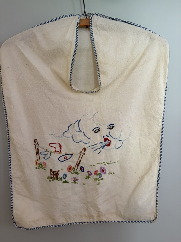 Vintage Laundry Bag Hand Sewn Embroidered Stitching cloud blowing clothesline