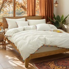 Boho Twin XL Size 3Pcs Duvet Cover Set Coloful Pom-pom Bedding Set White 100 