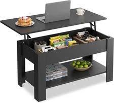 39 Inch Lift Top Coffee Table with Hidden Compartment and Storage Shelf, Black