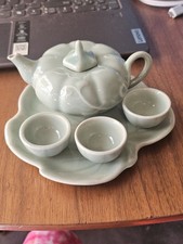 Antique Pumpkin Shaped Mini 5 Piece Tea Set Child Play-set Display Celedon Green
