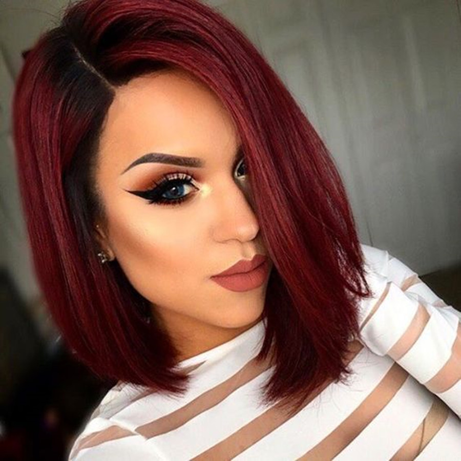 Pelucas brasileñas de cabello humano Remy de encaje completo frente de encaje ombre borgoña peluca bob corta