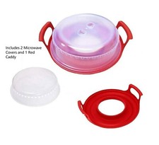 Set of 2 Microwave Plate Covers with Adjustable Steam Vents and Plate Caddy Set