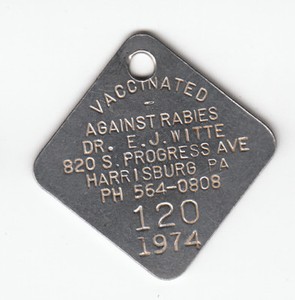 1974 HARRISBURG PENNSYLVANIA VACCINATED AGAINST RABIES ...
